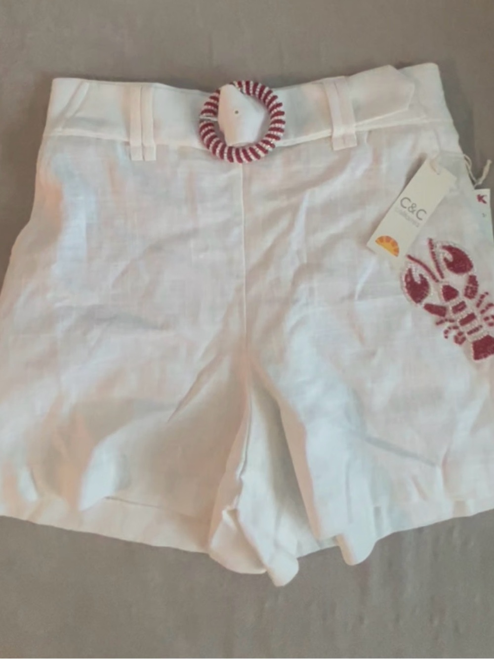 C&C California White Linen Shorts with Lobster Red Beaded Detail